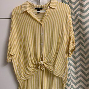 Forever 21 Yellow Striped Short Sleeve Button Down